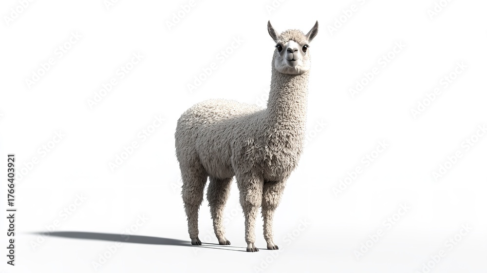 Fototapeta premium A full body shot of a white alpaca standing on a white background with a small shadow on the ground