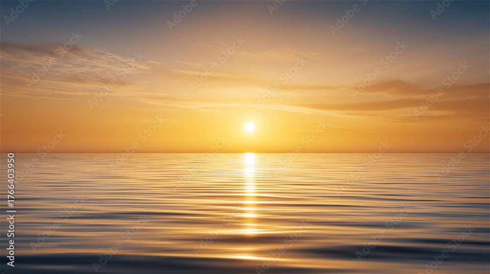 Obraz premium Golden sunset over calm ocean waves, symbol of tranquility, balance, and natural beauty.