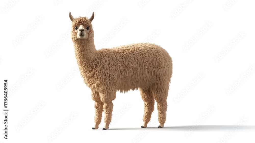 Naklejka premium A full body shot of a fluffy light brown alpaca standing on a white background looking at the camera