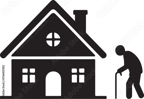 silhouette of an elderly person with a cane standing next to a house, icon on