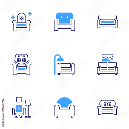 Sofa icon set. Bold line style. Duotone colors. Editable stroke. couch, sofa, armchair