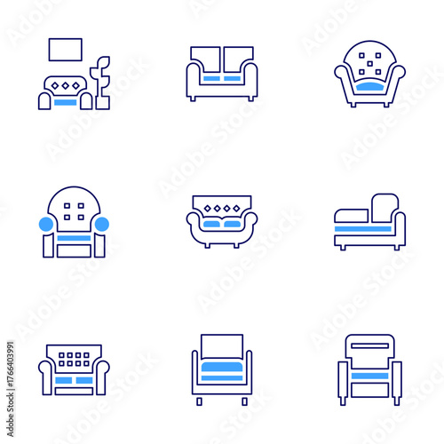 Sofa icon set. Bold line style. Duotone colors. Editable stroke. living room, couch, armchair, divan