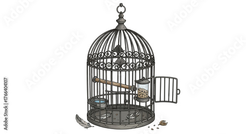 Ornate vintage birdcage with open door and scattered seeds, symbolizing freedom or escape.