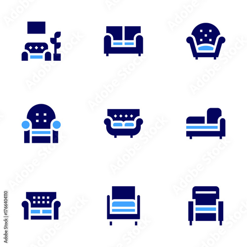 Sofa icon set. Bold style. Duotone colors. living room, couch, armchair, divan