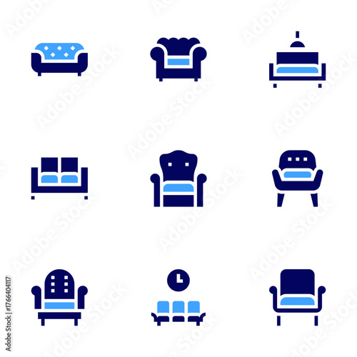 Sofa icon set. Bold style. Duotone colors. sofa bed, armchair, sofa, waiting room, living room