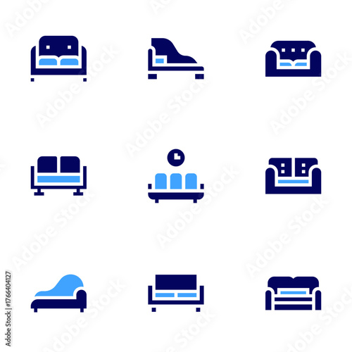 Sofa icon set. Bold style. Duotone colors. sofa bed, chaise longue, sofa