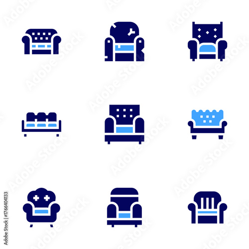 Sofa icon set. Bold style. Duotone colors. sofa, armchair, sit down