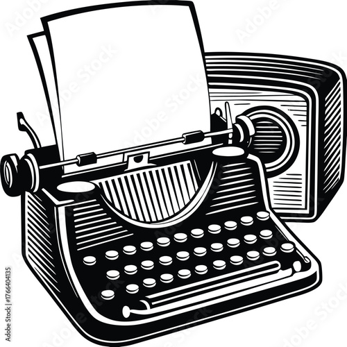 Vintage typewriter and radio silhouette