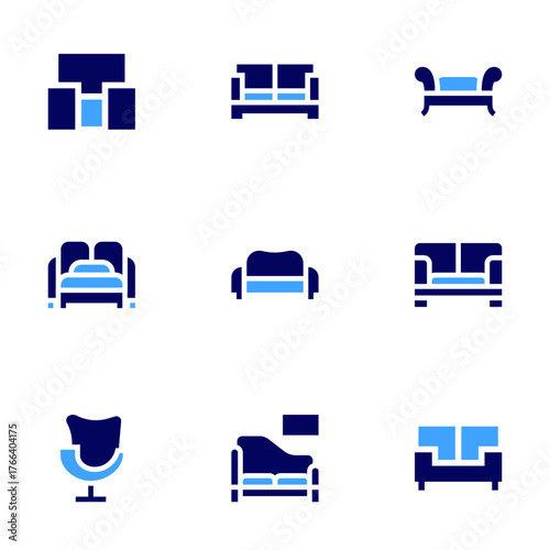 Sofa icon set. Bold style. Duotone colors. sofa, sofa bed, chaise longue, divan, chair
