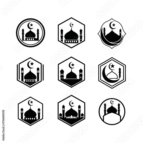 islamic mosque crescent star symbols vector icons set