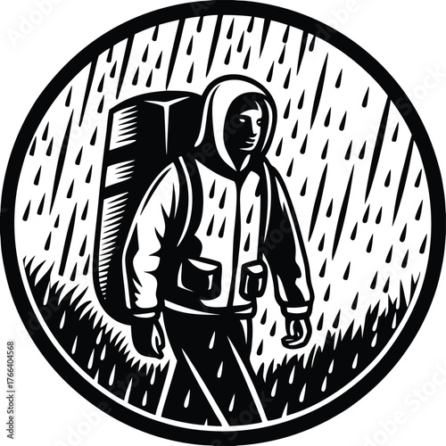 Hiker in rain silhouette
