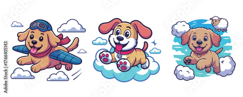 Adorable puppy illustrations set, featuring a charming flying dog pilot, playful cloud puppy, and sheep dog friend, creating heartwarming cartoon vibes