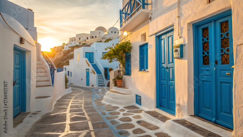 Fototapeta Naklejka Na Ścianę i Meble -  Picturesque street in mykonos, greece at sunset with white and blue houses