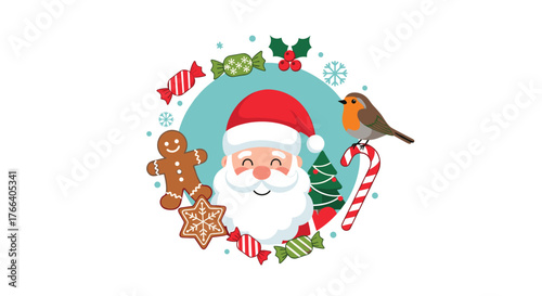 Jolly Santa Claus surrounded by festive Christmas treats like gingerbread men, candy canes, and sweets, with a cheerful robin perched nearby
