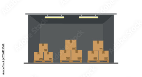 Organized warehouse space showcasing stacked cardboard boxes on pallets under bright industrial lighting, ready for distribution and logistics operations