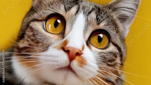 Closeup of Curious Cat Against Yellow Background