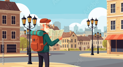 Experienced traveler consulting a map while exploring a charming European city's historic streets with vintage lampposts illuminating the way