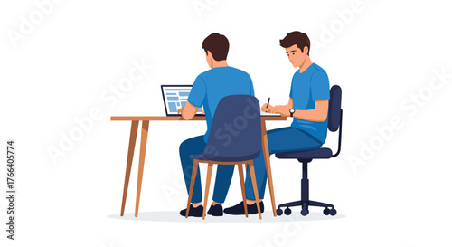 Two focused colleagues collaborating on a project at a modern desk with a laptop and notebook, promoting teamwork and productivity in a bright workspace