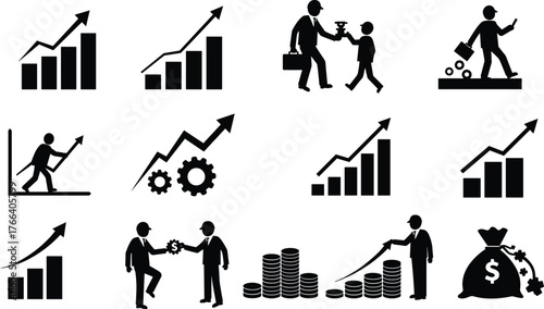 Business and finance icons, growth charts, investment symbols, career advancement, productivity illustration, economic success, financial progress, achievement, wealth designBusiness and 