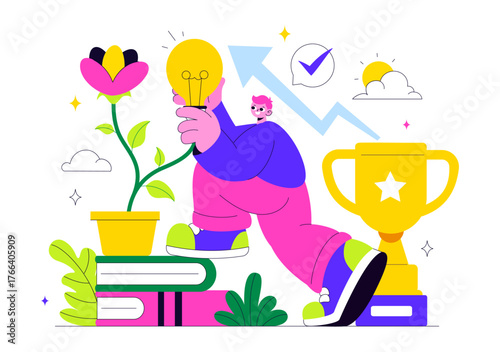 Personal Growth Vector Illustration Featuring Development Through Positive Habits, Lifelong Learning, Adaptability and Perseverance for Career Success