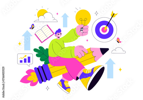Personal Growth Vector Illustration Featuring Development Through Positive Habits, Lifelong Learning, Adaptability and Perseverance for Career Success