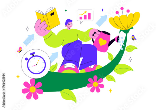 Personal Growth Vector Illustration Featuring Development Through Positive Habits, Lifelong Learning, Adaptability and Perseverance for Career Success