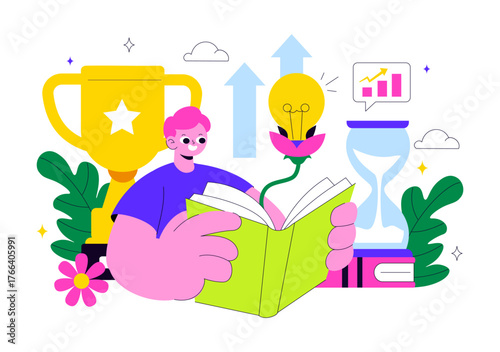 Personal Growth Vector Illustration Featuring Development Through Positive Habits, Lifelong Learning, Adaptability and Perseverance for Career Success