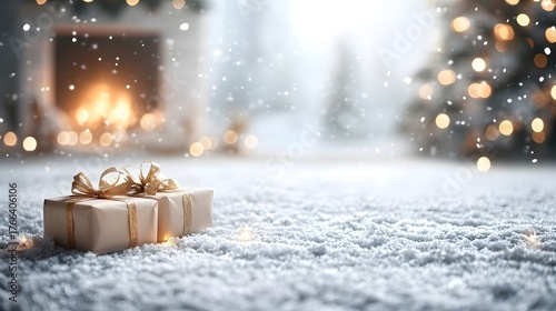 Winter scene with Christmas gifts on snow-covered floor near a cozy fireplace and festive decorations