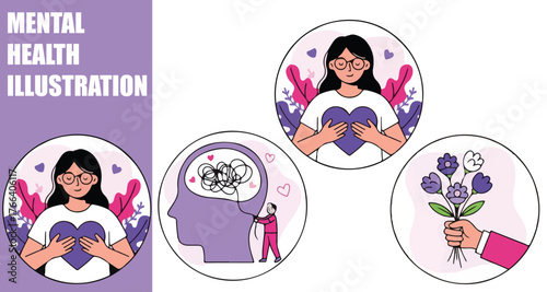 Mental Health and Self-Care Concept. Characters Practicing Self-Acceptance, Self-Love and Mental Wellness Activities. Psychotherapy Vector Illustration Set.