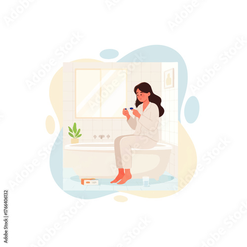 Woman in bathroom awaiting pregnancy test results, sitting on edge of tub.