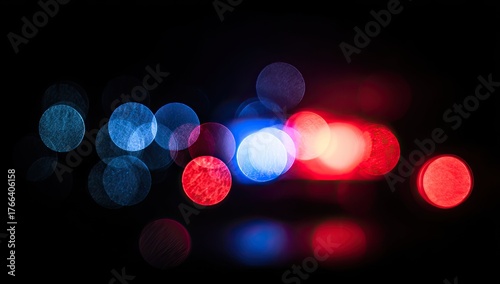 Abstract, blurry police lights against black background, red and blue bokeh
