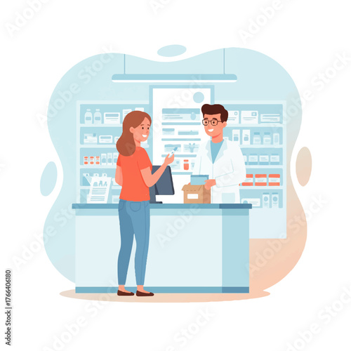 Woman at pharmacy counter talking to pharmacist with shelves of medicine.