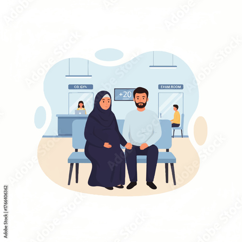 Illustration of a Muslim couple sitting in a waiting room at a clinic or hospital.