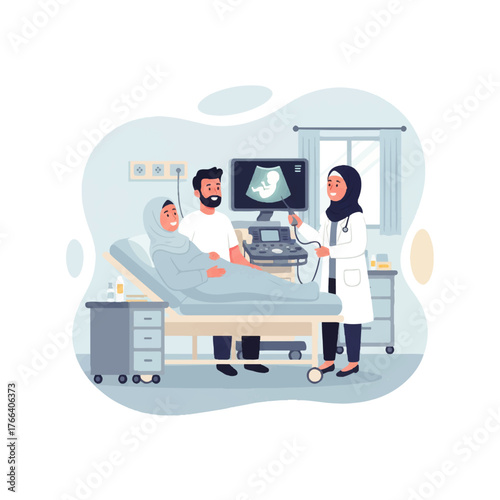 Illustration of a pregnant woman and her partner during an ultrasound examination.