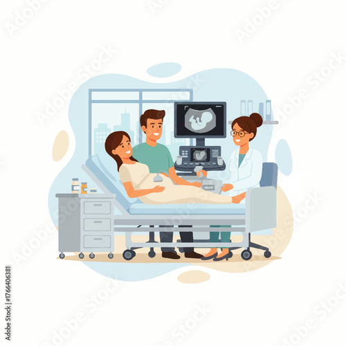 Pregnant woman with partner getting ultrasound by doctor.