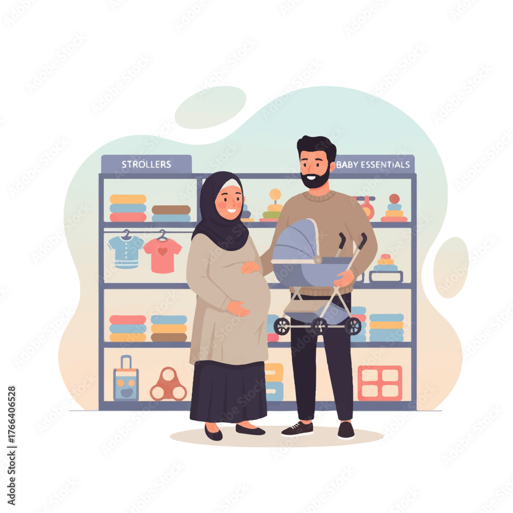 Obraz premium Pregnant Muslim woman and man shopping for baby items in a store.