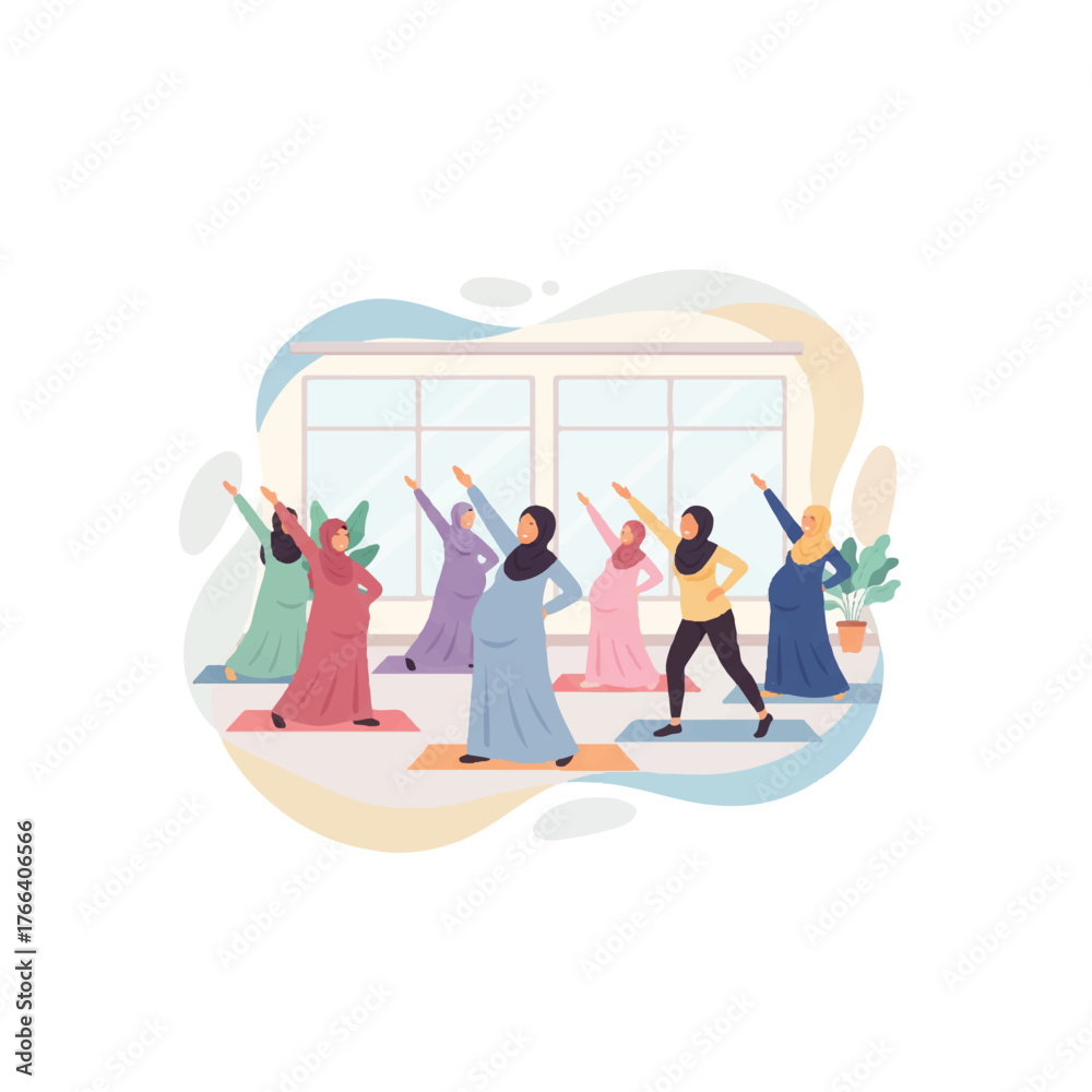 Obraz premium Muslim women in hijabs doing yoga class together indoors.