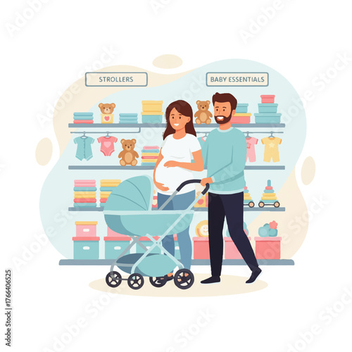 Pregnant woman and man shopping for baby essentials with a stroller in a store.