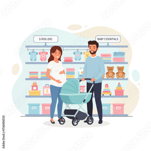 Expectant couple shopping for baby essentials with a stroller in a store.