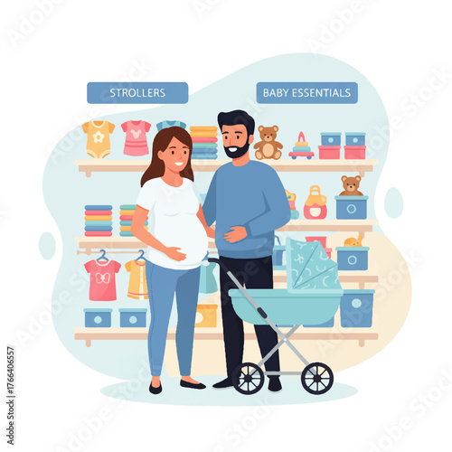 Pregnant woman and man shopping for baby essentials in a store.
