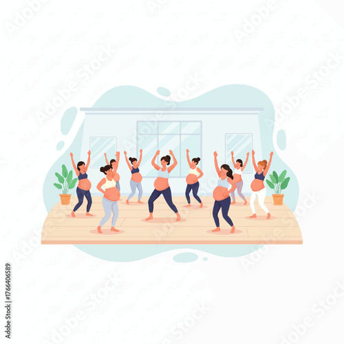 Group of pregnant women exercising together in a studio.