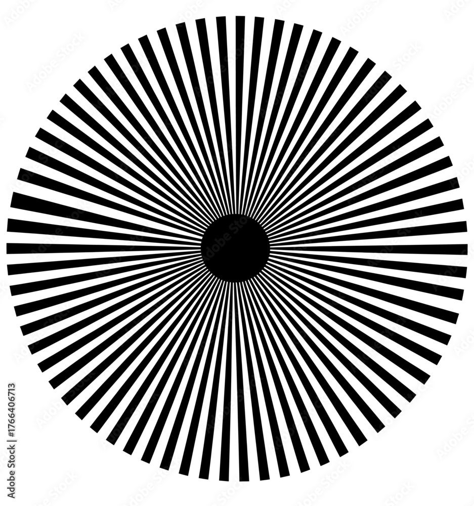Black and white radial sunburst pattern with bold lines, minimal geometric design isolated