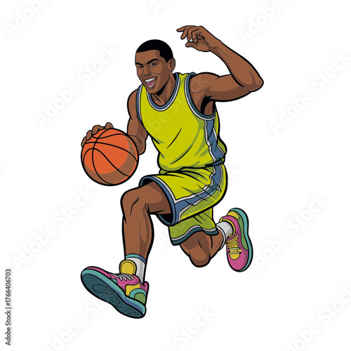 A cartoon basketball athlete in action, dribbling and jumping energetically