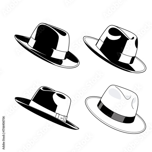 Black and white fedora hats in various angles, minimalist vector illustration isolated