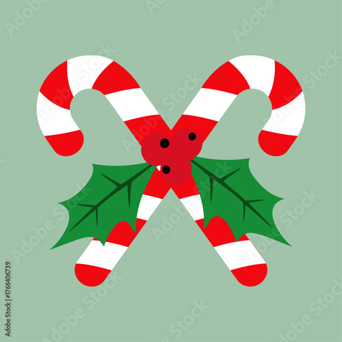 Logo candy cane de navidad. Pareja de bastones de caramelo cruzados con hojas y bayas de acebo 
