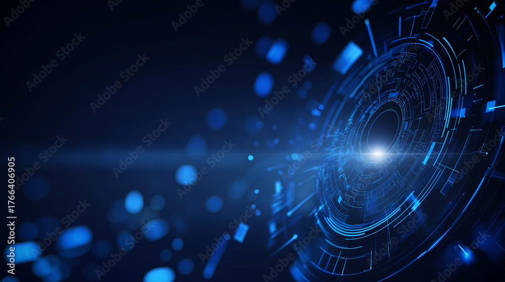 Fototapeta premium Futuristic Blue Interface with Concentric Geometric Patterns and Radiating Data Elements on a Dark Background