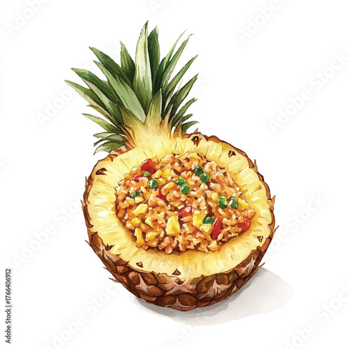Delicious pineapple half filled with flavorful rice dish ready to eat.