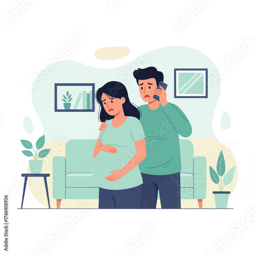 Worried pregnant woman with partner calling for help.