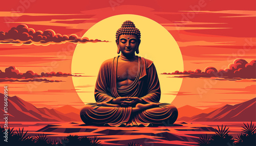 Buddha meditating in lotus pose against sunset, colorful vector illustration