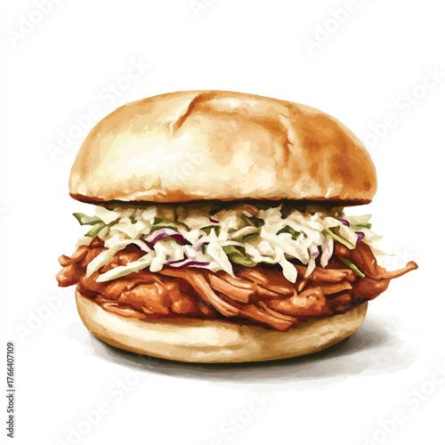 Delicious Pulled Pork Sandwich with Coleslaw on a Toasted Bun.